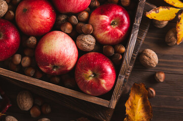 Close up of red apples and nuts in a box, autumn leaves and a teapot with tea top view