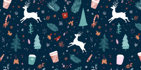 Obraz premium Festive winter pattern with reindeer Christmas trees and coffee cups seamless vector design for holiday backgrounds and textile prints