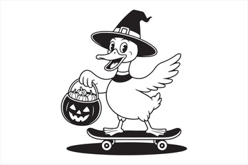 Halloween duck on skateboard with pumpkin bucket silhouette a white background