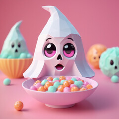 Fantasma stilizzato con cappuccio rosa pallido e occhi luminosi, in stile low-poly, seduto in una ciotola di caramelle color pastello su sfondo rosa.