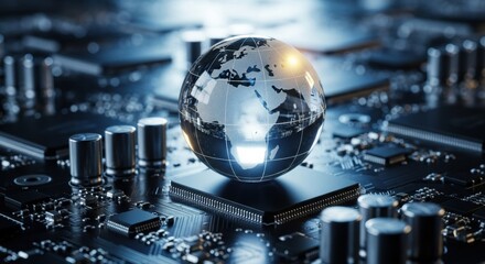 Stunning global technology concept showcasing a world globe on a modern circuit board, symbolizing innovation, connectivity, and digital transformation