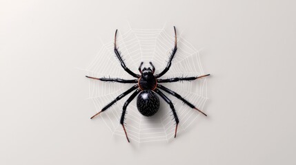 Close-up of a black widow spider on a white background. the spider is in the center of the image, with its body facing towards the right side of the frame.