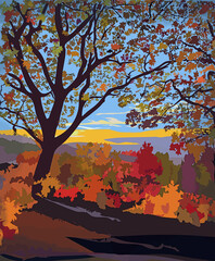 Autumn landscape with mountains and trees against the backdrop of mountains 