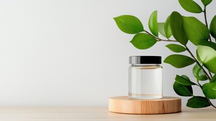 Small glass jar with a black lid placed on a wooden base. the jar is transparent and appears to be empty. next to the jar, there is a green plant with large leaves.