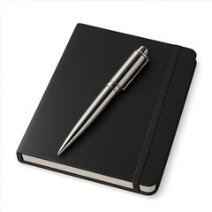 Black Notebook with Elastic Band and Silver Pen on White Background journal diary isolated on a transparent background