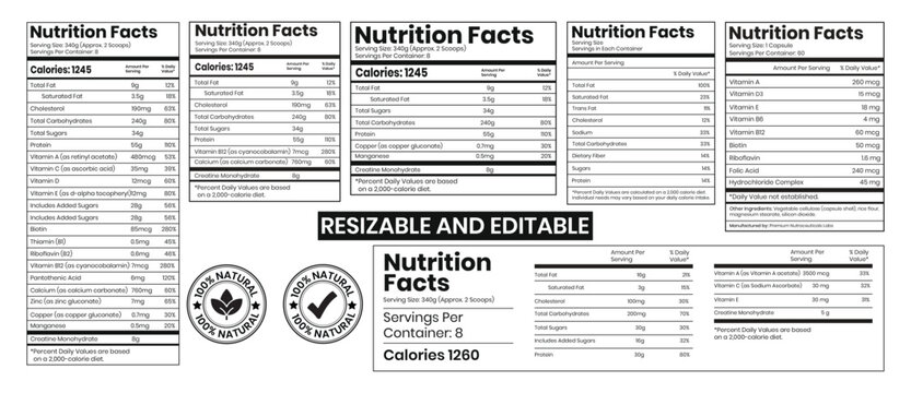 Nutrition facts template, supplement facts template and vitamin facts template, Label Design 