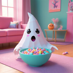 Fantasma stilizzato con cappuccio bianco in stile low-poly che emerge da una grande ciotola turchese piena di caramelle colorate, in un salotto rosa.