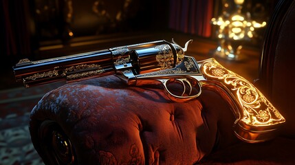 A classic black revolver handgun with several metal bullets on a white isolated background