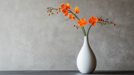 White vase with a bunch of orange flowers in it. the vase is placed on a grey surface against a plain grey wall. the flowers are in full bloom with their stems and leaves visible.