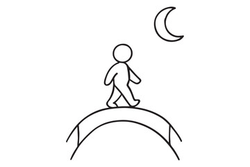 Person walking on bridge under crescent moon silhouette a white background