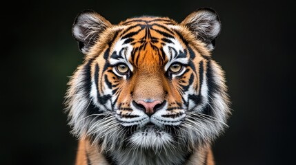 Close-up portrait of a tiger's face. the tiger is facing towards the right side of the image, with its head turned slightly to the left.