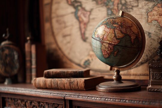 An antique globe rests on a wooden desk in a cozy study, surrounded by old books and a world map. The globe highlights countries and continents, adding to the vintage charm - Powered by Adobe
