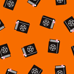 Vector seamless pattern with witch spell book with pentagram on orange background. Cartoon magic book texture for halloween, wrapping paper, textile, wallpaper, occult and spooky decor.