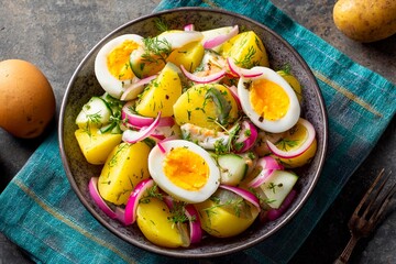 A delicious salad features boiled potatoes, sliced eggs, fresh cucumbers, and red onions, garnished with dill, served on a dark table with some whole potatoes nearby