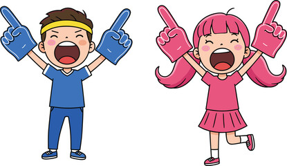 children, cheering, foam, finger, support, fun, joy, play, sport, event, boy, girl, cartoon, illustration, vector, design, creative, element, excitement, activity