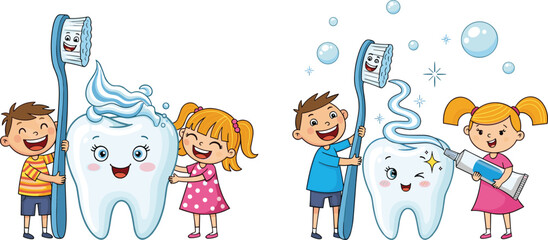 children, tooth, brushing, dental, hygiene, toothpaste, toothbrush, clean, smile, health, care, boy, girl, cartoon, illustration, vector, design, creative, element, freshness