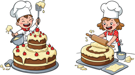 children, baking, cake, decorating, chef, hat, cooking, kitchen, dough, icing, pastry, dessert, sweet, food, fun, childhood, activity, illustration, vector, design, creative, element