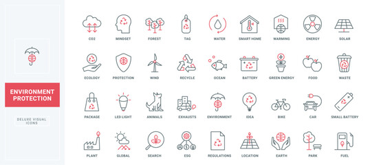 Environment and ecology protection line icons set. Smart eco house and green energy of wind and solar panel, power battery and bio fuel thin black and red outline symbols, vector illustration