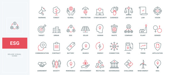 ESG thin black and red line icons set vector illustration. Outline symbols of sustainable and renewable sources, social, government and corporate trends and criteria for development, investment