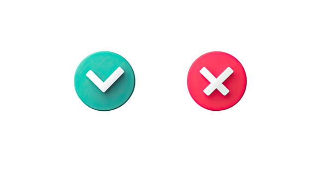 Check mark and X mark on buttons, teal and red, isolated
