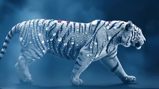 White tiger animal wildlife gem jewel sparkling fur walking misty blue background droplets beads