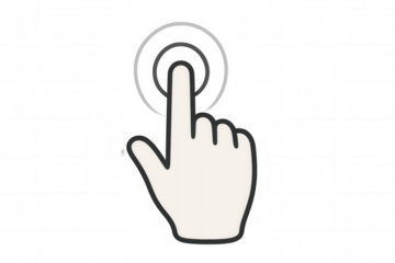 Hand cursor pointing and touching screen icon, demonstrating click action and user interface interaction with transparent background