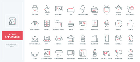 Home appliances, smart equipment and furniture of house line icons set. Microwave and fridge, toaster and coffee machine of kitchen, wardrobe thin black and red outline symbols vector illustration
