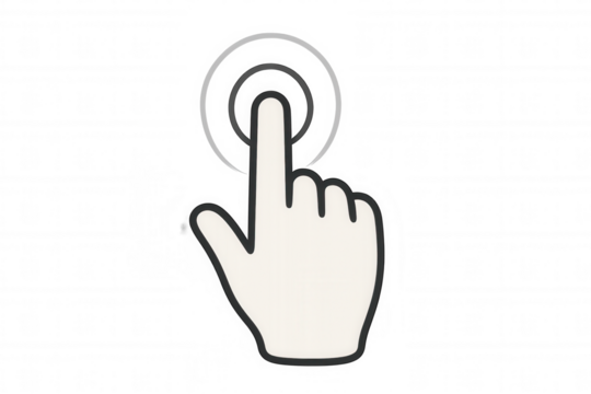 Hand cursor pointing and touching screen icon, demonstrating click action and user interface interaction with transparent background