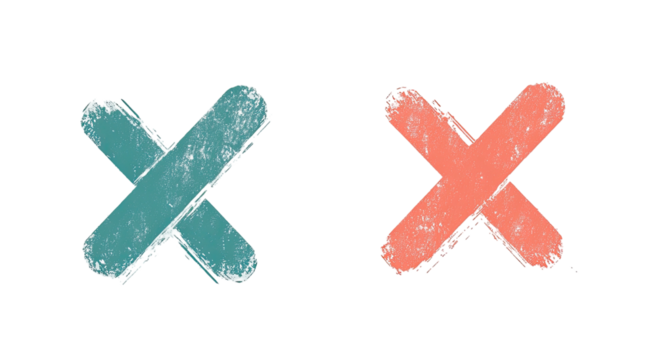 Two textured X marks; one blue-green, one orange, on a black background