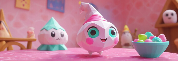 Due simpatiche creature stilizzate e sorridenti, in stile low-poly (bianco/rosa e bianco/turchese), su un tavolo rosa con una ciotola di caramelle in un ambiente luminoso.