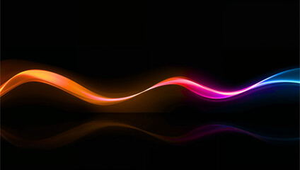 Glowing multicolor wave flowing across black background with smooth gradient from orange to blue, mirrored below to create depth, motion, and abstract digital elegance.