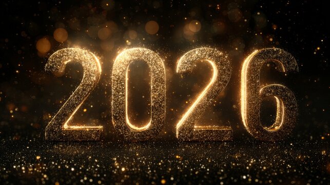Gold 2026 numbers glowing against dark luxury backdrop with golden particles