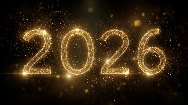 Gold 2026 numbers glowing against dark luxury backdrop with golden particles - Powered by Adobe