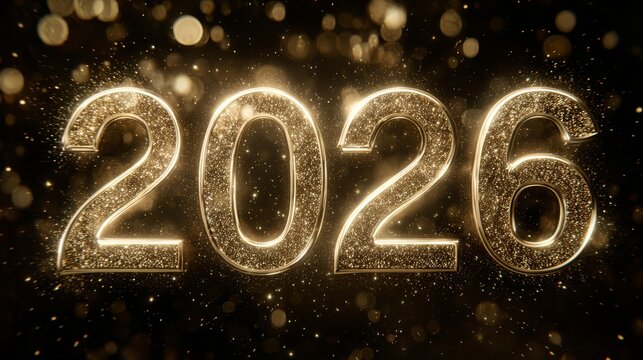 Gold 2026 numbers glowing against dark luxury backdrop with golden particles - Powered by Adobe