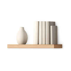White Ceramic Vase and Stack of White Books on a Wooden Shelf wall shelf display isolated on a transparent background