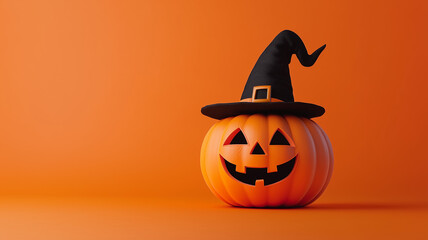 Carved pumpkin wearing a witch's hat on an orange background. Perfect for Halloween themes.
