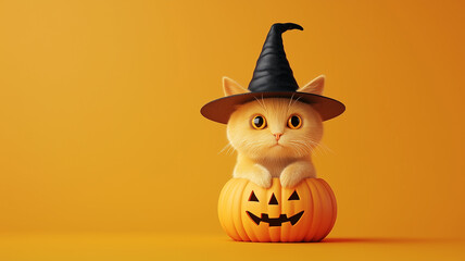 Carved pumpkin wearing a witch's hat on an orange background. Perfect for Halloween themes.