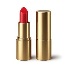 Red Lipstick in Gold Case and Gold Cap on Brown Background makeup cosmetic isolated on a transparent background