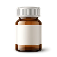 Amber Glass Pill Bottle with White Screw- On Cap and Blank Label medicine bottle isolated on a transparent background