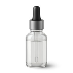 Clear Glass Dropper Bottle with Clear Liquid and Black Dropper serum isolated on a transparent background