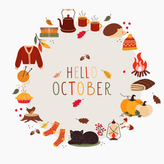 Warm and cozy &ldquo;Hello October&rdquo; wreath illustration surrounded by autumn elements-sweater, pumpkins, coffee, and falling leaves. Ideal for seasonal prints, social media posts, autumn-themed stationery.