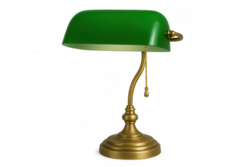 Banker's lamp with green glass shade, brass base, retro desk light on transparent background, vintage table lamp creating ambiance