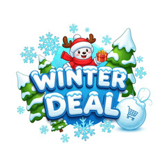 A festive winter deal graphic featuring a snowman character holding a gift, surrounded by snow-covered trees and snowflakes.