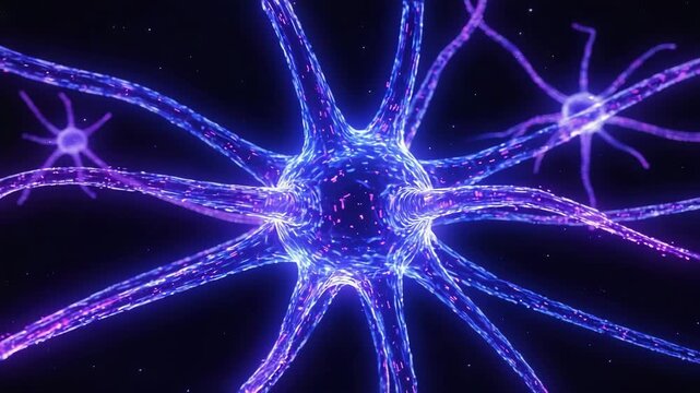 Close-up of a glowing blue and purple neuron with dendrites and axon in a dark cosmic background nerve cell