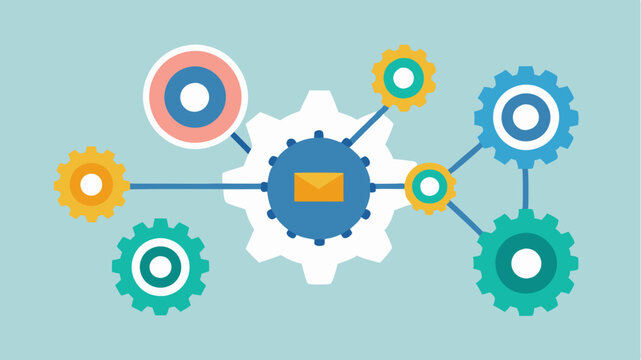 A series of gears linked together symbolizing the automated processes involved in nurturing leads through email campaigns and marketing automation tools.