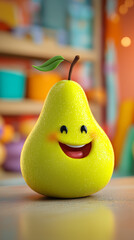 Cheerful 3D Pear Cartoon with Smiling Face and Rosy Cheeks, Leaf Stem, and Vibrant Blurred Background, Cute Fruit Character Symbolizing Healthy Lifestyle and Organic Concept, Vertical 9:16 Copy Space