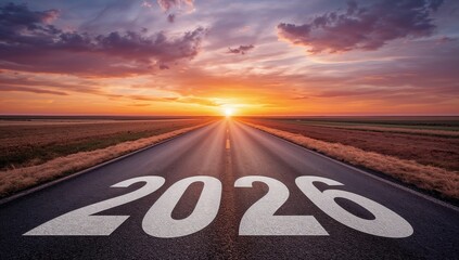 New Year 2026 Written on the Road at Sunset – A Symbol of Planning and Challenge Ahead
