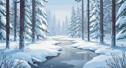 Serene winter forest landscape with snow-covered trees and frozen river