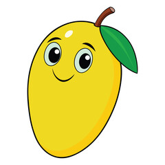 Cartoon mango with a green leaf, featuring a bright yellow-orange color and a smiling face.