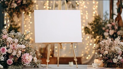 A blank canvas easel sits amidst a display of beautiful floral arrangements and warm lighting, perfect for a wedding or event backdrop.